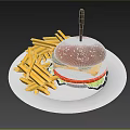 Juicy Cheeseburger with Sesame Bun Lettuce Tomato and Golden Fries on White Plate