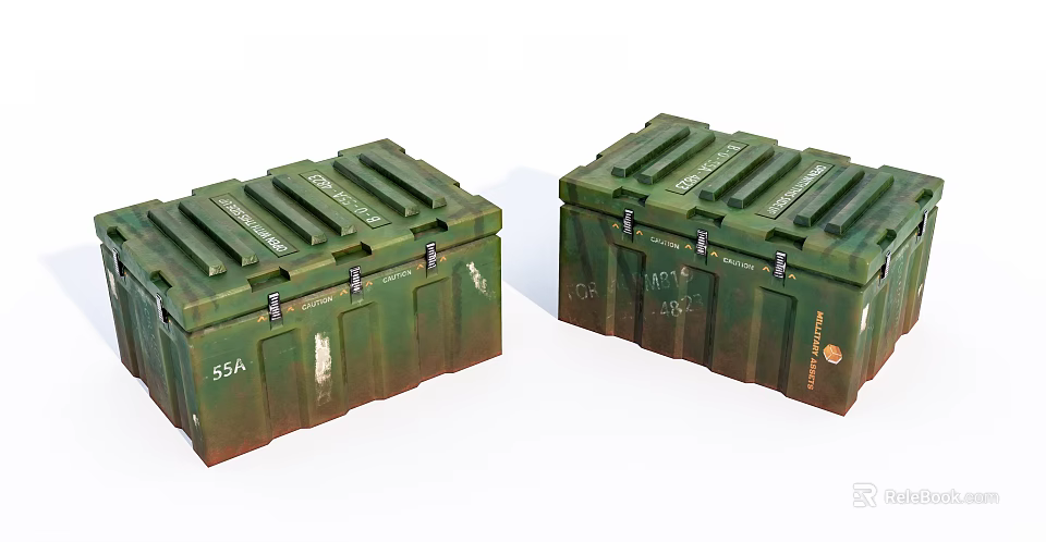 Green Military Storage Boxes with Metal Latches Secure Closure and Labeled Details 3d model 