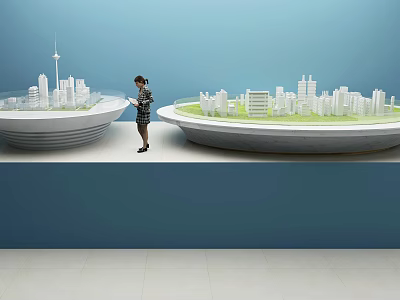 Modern Commercial Display Stands With City Models And Blue Background 3d model