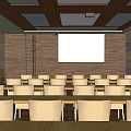 Spacious Modern Conference Room Interior With Wooden Ceiling Rows of Chairs And Windows