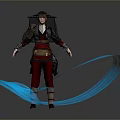 Woman In Traditional Outfit With Straw Hat Holding Two Swords And Blue Flowing Lines