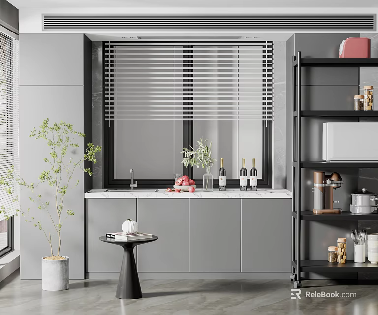 Modern Kitchen Interior With Window Blinds Counter Cabinets Plants And Shelves 3d model