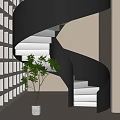 Modern Spiral Staircase Interior Design With Light Beige Walls Potted Tree And Wooden Lattice Windows