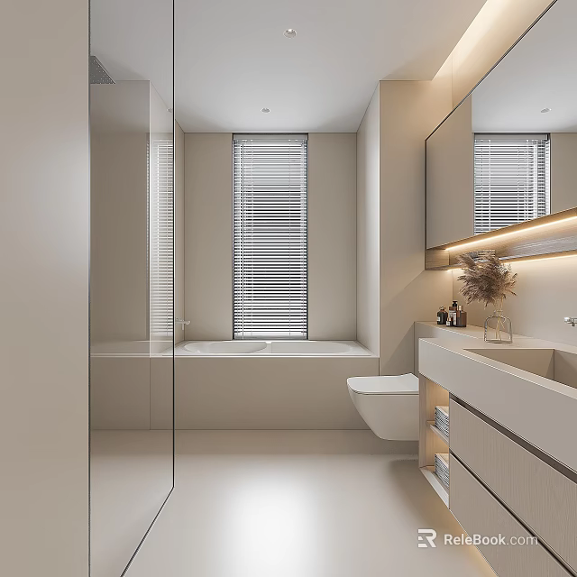 Modern Light Colored Bathroom Interior With Bathtub Toilet Vanity Mirror And Window Blinds 3d model 