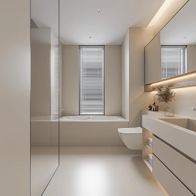 Modern Light Colored Bathroom Interior With Bathtub Toilet Vanity Mirror And Window Blinds 3d model