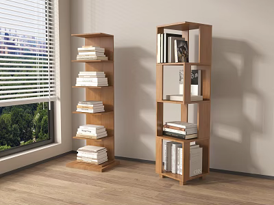 Wooden Rotating And Open Bookshelves With Books And Decor Near Window In Living Room 3d model