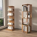 Wooden Rotating And Open Bookshelves With Books And Decor Near Window In Living Room