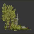 Miniature Garden Scene With Green Trees Small Pavilion Flowers And Stones