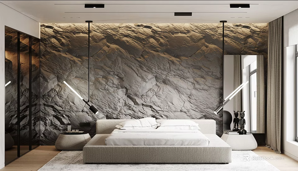 Modern Bedroom Interior Design With Rock Texture Wall Bed Hanging Lights And Bedside Tables 3d model 