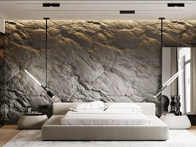 Modern Bedroom Interior Design With Rock Texture Wall Bed Hanging Lights And Bedside Tables 3d model