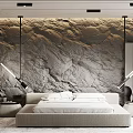 Modern Bedroom Interior Design With Rock Texture Wall Bed Hanging Lights And Bedside Tables
