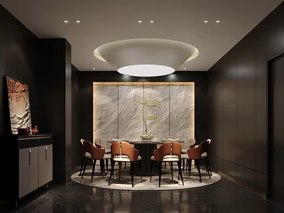 Elegant Private Dining Room With Dark Walls Round Table Leather Chairs And Decorative Stone Backdrop 3d model