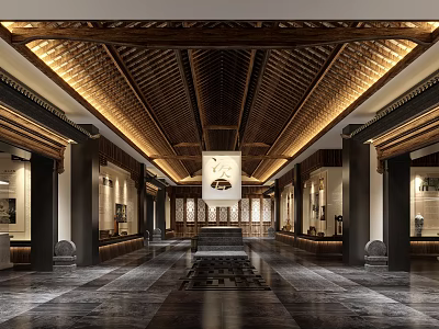 Traditional Chinese Hall Interior Featuring Wooden Ceiling Columns And Stone Floor 3d model