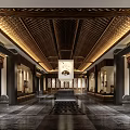 Traditional Chinese Hall Interior Featuring Wooden Ceiling Columns And Stone Floor