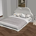 Kids Bed With Cloud Shaped Headboard White Light Gray Bedding Stuffed Toys Wooden Legs