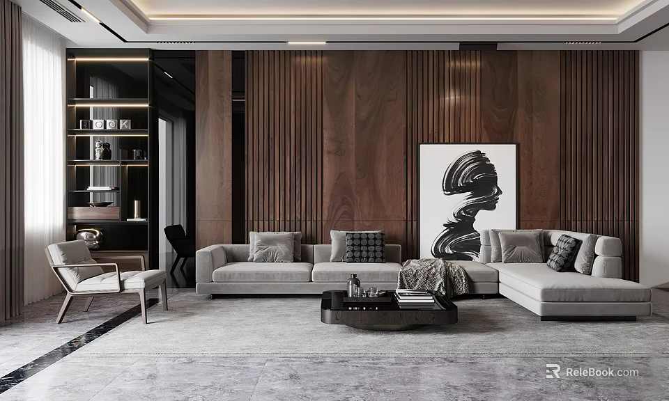 Modern Living Dining Room Interior With Wooden Wall Panels Gray Sofa Coffee Table And Abstract Art 3d model 