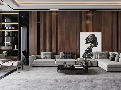 Modern Living Dining Room Interior With Wooden Wall Panels Gray Sofa Coffee Table And Abstract Art 3d model