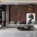 Modern Living Dining Room Interior With Wooden Wall Panels Gray Sofa Coffee Table And Abstract Art