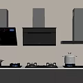 Modern Kitchen Appliances With Three Range Hoods Gas Stoves And Countertop Pots