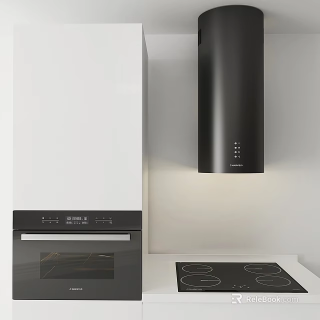 Modern Kitchen Interior Featuring Black Range Hood Oven And Cooktop Appliances 3d model 