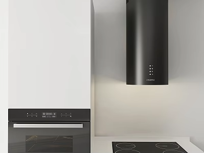 Modern Kitchen Interior Featuring Black Range Hood Oven And Cooktop Appliances 3d model