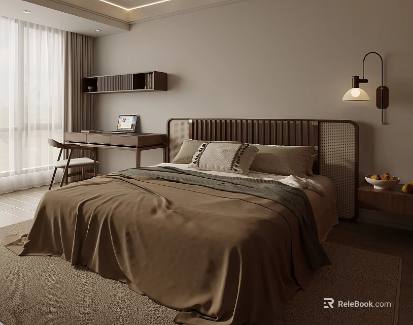 Modern Warm Bedroom Interior Design With Brown Headboard Bedspread Gray Blanket Desk And Wall Lamp 3d model 