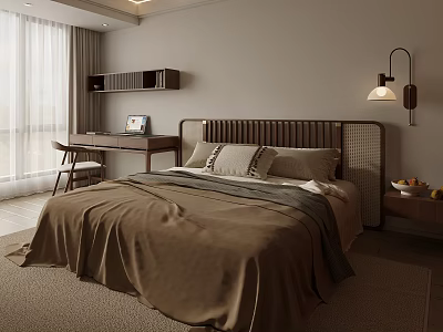 Modern Warm Bedroom Interior Design With Brown Headboard Bedspread Gray Blanket Desk And Wall Lamp 3d model