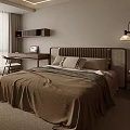 Modern Warm Bedroom Interior Design With Brown Headboard Bedspread Gray Blanket Desk And Wall Lamp