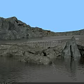 Stone and Wood Scenic Landscape with Natural Rocks and Wooden Elements by Water Stream