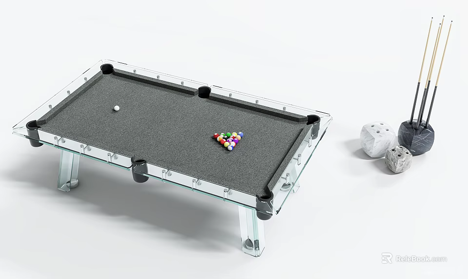 Modern Glass Pool Table With Transparent Legs White Cue Ball And Colored Billiard Balls 3d model 