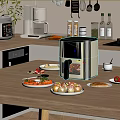 White Air Fryer On Kitchen Countertop With Various Healthy Foods And Snacks