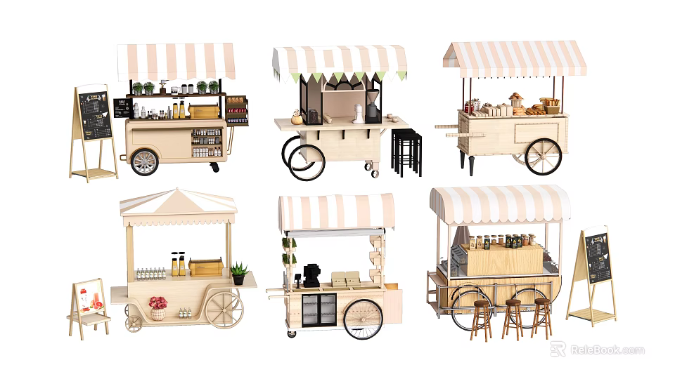 Functional Mobile Food Carts With Striped Awnings Wheels And Snack Displays 3d model 