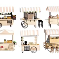 Functional Mobile Food Carts With Striped Awnings Wheels And Snack Displays