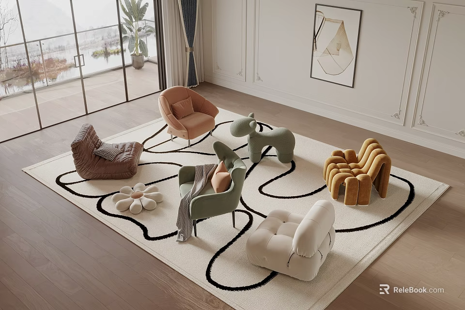 Modern Living Room Interior With Various Colors Single Sofas And Patterned Rug 3d model 