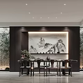 Chinese Style Basement Interior With Landscape Mural Furniture And Plants