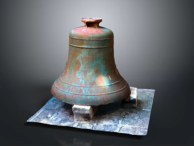 Musical Instruments and Painting Tools Display with Rusted Bronze Bell on Stone Slab Base 3d model