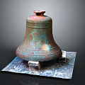 Musical Instruments and Painting Tools Display with Rusted Bronze Bell on Stone Slab Base