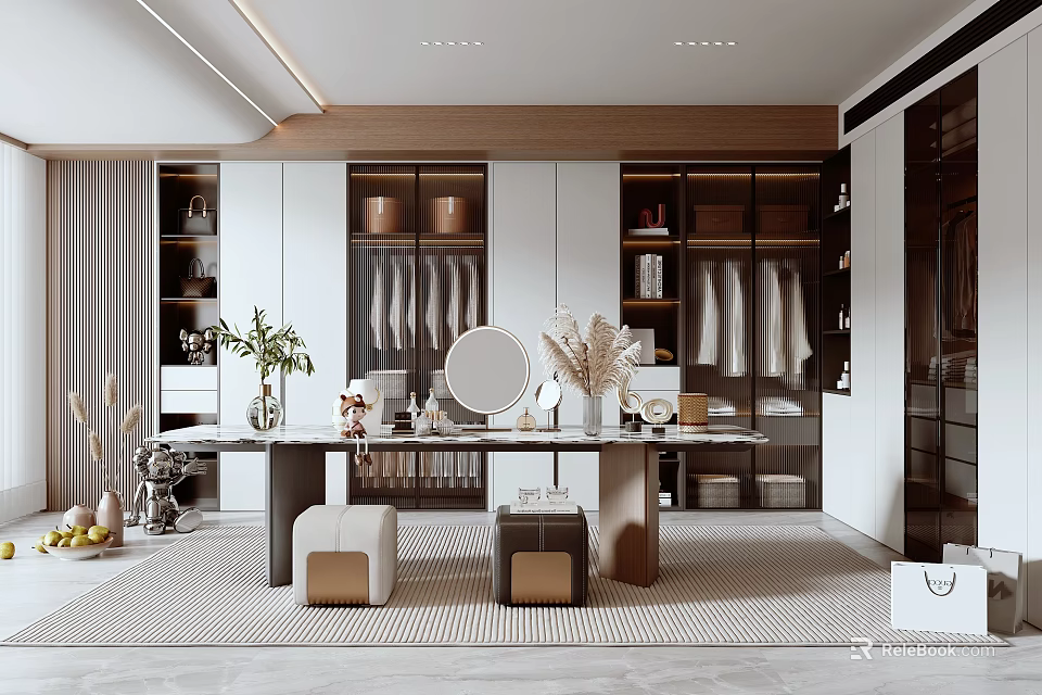 Modern Elegant Walk in Closet Interior With Dressing Table Mirror Hanging Rails And Storage Cabinets 3d model 
