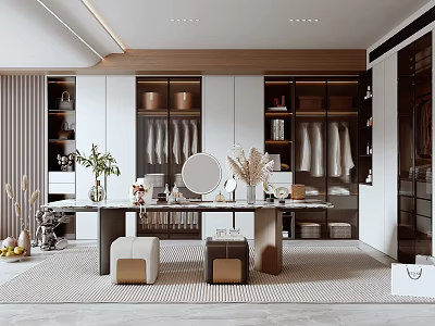 Modern Elegant Walk in Closet Interior With Dressing Table Mirror Hanging Rails And Storage Cabinets 3d model