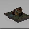 Detailed Miniature Watermill House Model With Flowing Water And Green Grass