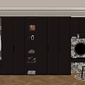 Modern Walk in Closet Interior With Dark Wood Cabinets Open Shelves And Mirror Chair