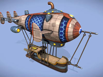 Vintage Steampunk Airship Featuring Wooden Metal Structure And Blue Hexagonal Patterns 3d model