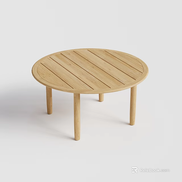 Simple Natural Wooden Round Coffee Table With Striped Top And Four Legs 3d model 