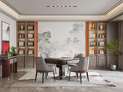 Traditional Chinese Hotel Mahjong Room Interior With Landscape Painting And Wooden Bookcases 3d model