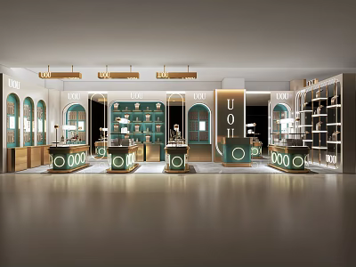 Modern Luxury Jewelry Store Interior With Golden Pendant Lights And Arched Display Counters 3d model