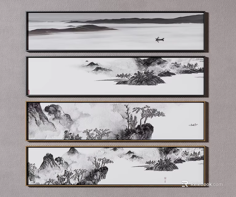 Traditional Chinese Ink Wash Landscape Paintings With Mountains Water Trees And Small Boat 3d model 