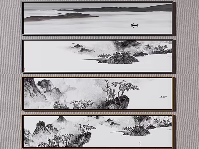 Traditional Chinese Ink Wash Landscape Paintings With Mountains Water Trees And Small Boat 3d model