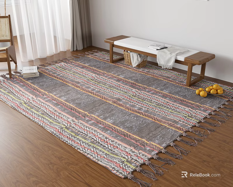 Gray Red Yellow Striped Tasseled Square Area Rug With Wooden Bench In Living Room 3d model 