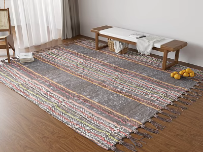 Gray Red Yellow Striped Tasseled Square Area Rug With Wooden Bench In Living Room 3d model