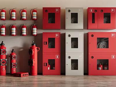Essential Fire Equipment Display With Red Extinguishers Wall Mounted Cabinets And Hydrants 3d model